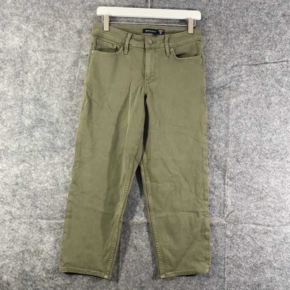 Athleta Jeans 8 Petite Olive Green Flex Straight Leg Crop Mid Rise Stretch - Picture 1 of 10